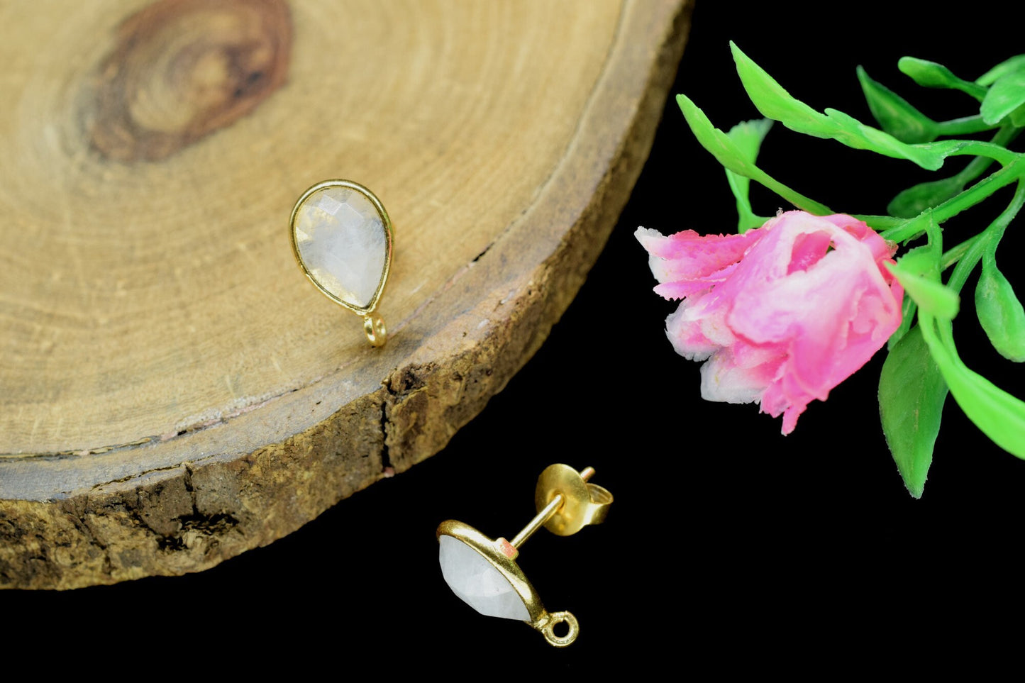 Moonstone 7x10mm Teardrop shape Earring connector Stud post setting with loop open bail,Rainbow Moonstone Gold Plated Earring With Loop