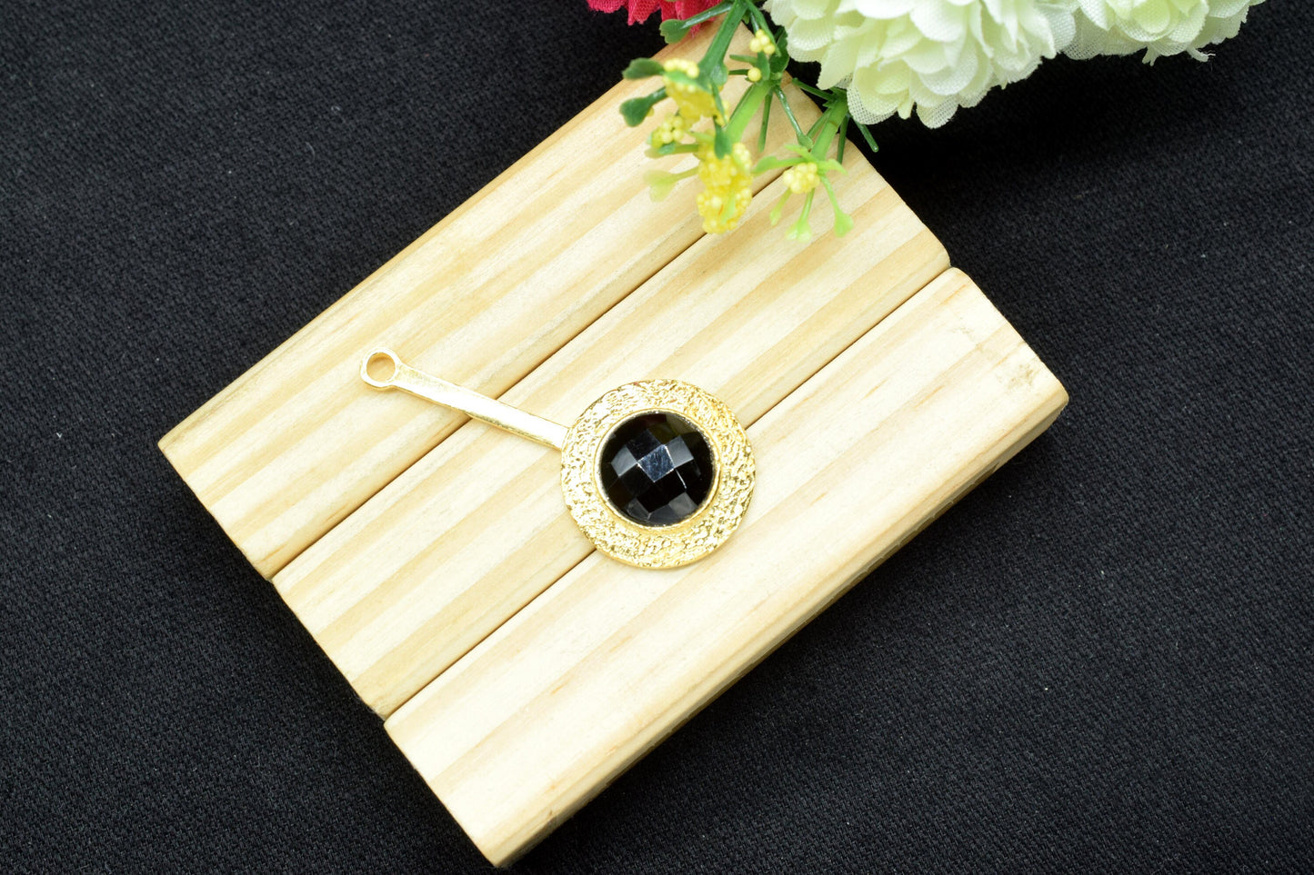 Black Onyx Pendant , Black Onyx Gemstone Handmade Pendant ,Single Bail Checker Cut Gemstone Connector, Gold Plated Connectors