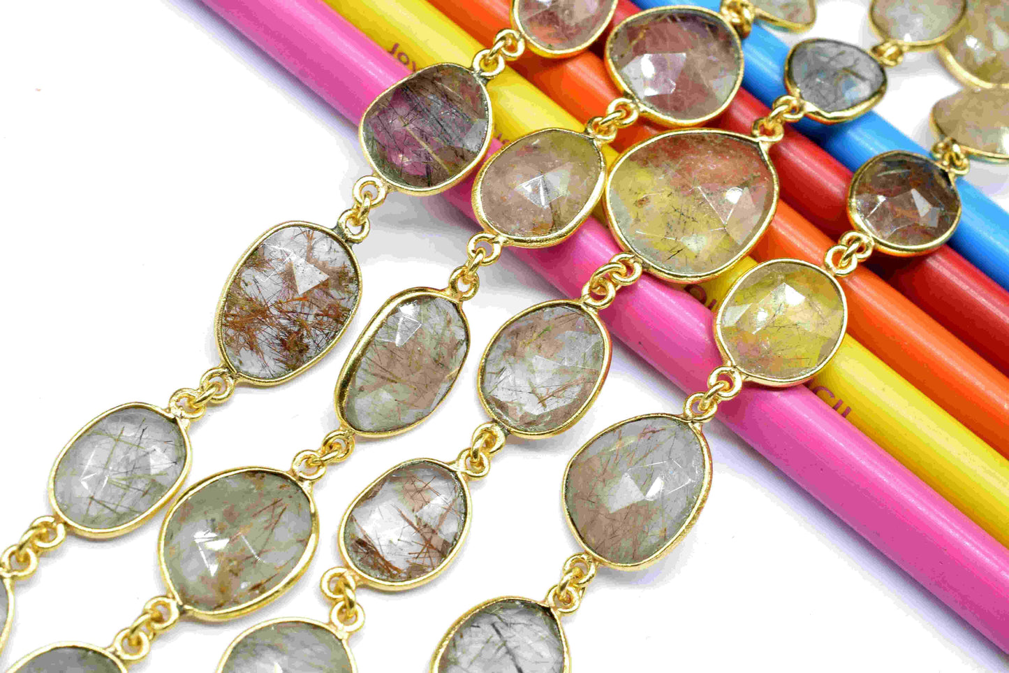 Golden Rutile Connector link Chain, Gold Rutile Bezel Chain, Rutile free Shape Connector Chain, Gold Rutile station handmade link Connectors