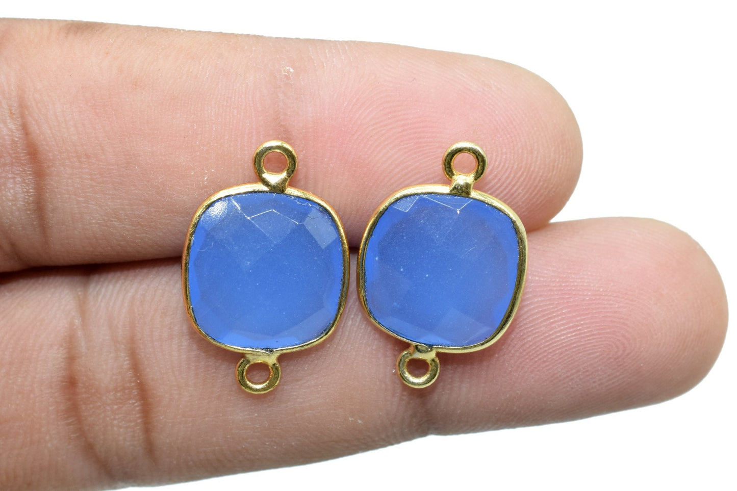 Blue Chalcedony 12mm Cushion double bail connectors,Blue Chalcedony Gold Plated Gemstone Bezel Connector, chalcedony Double Loop connectors