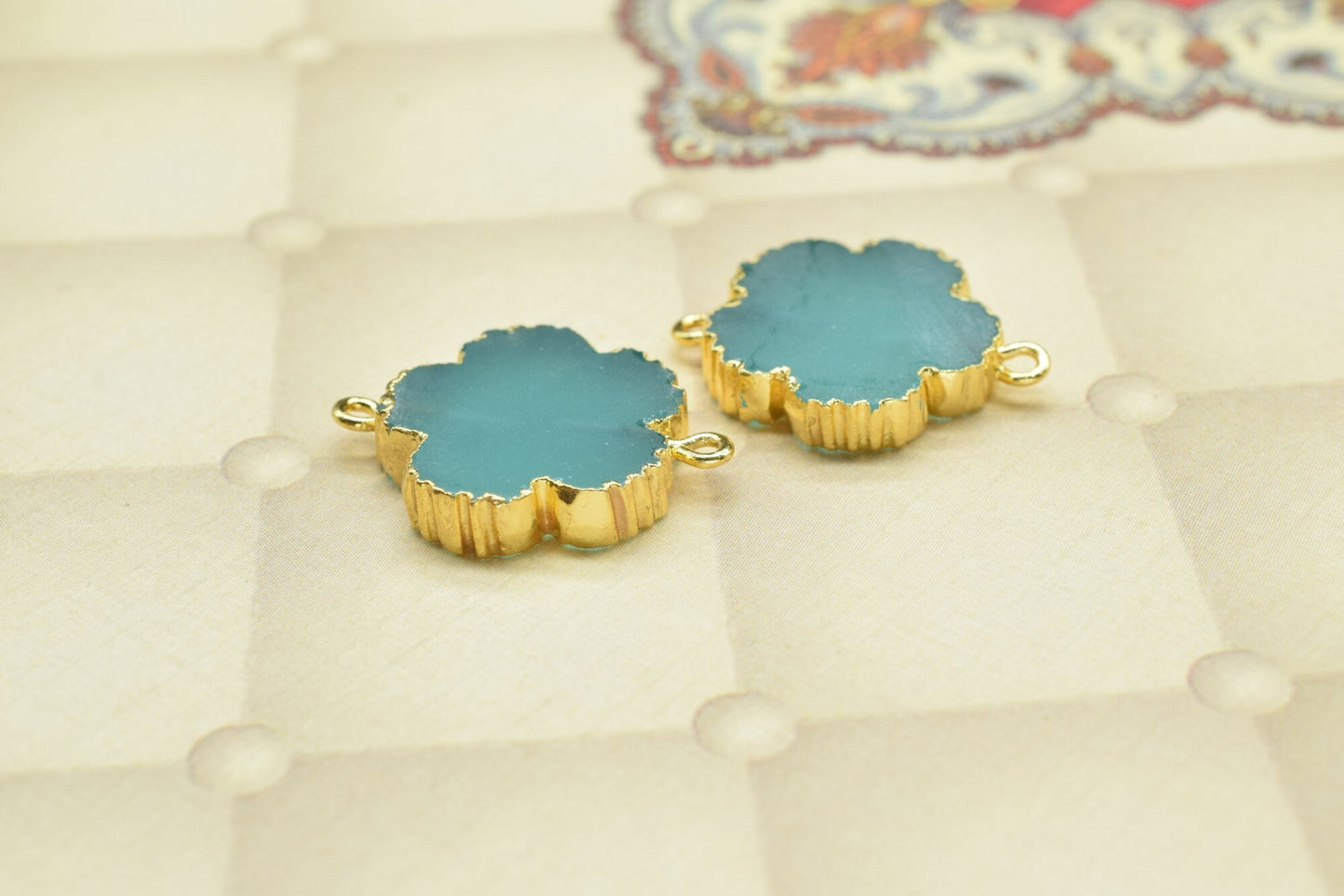 Aqua Chalcedony Clover charm Pendants,Handmade Flower Pendant,Necklace Connectors Jewelry,Gemstone Electroplated Charm,Double Bail Connector