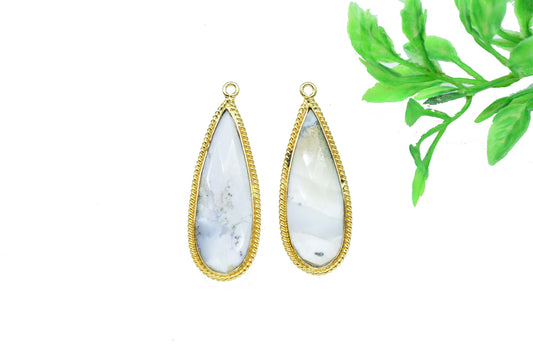 Dendrite Opal Faceted gemstone 10x30mm Pear Shape charms,Dendrite Opal Gemstone Bezel jewelry making,Dendrite Opal Gold Plated bezel,Gift