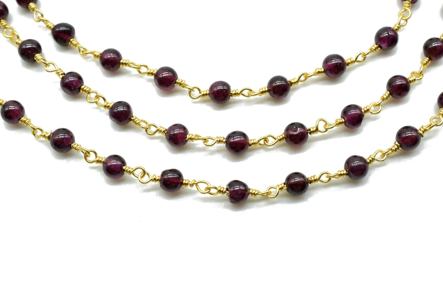 Garnet 4mm Round Beaded Chain,Premier Quality Non Tarnish Gold Wire,Garnet Wire Wrapped Rosary Chain,Brass Wire Wrapped Links,Garnet rosary