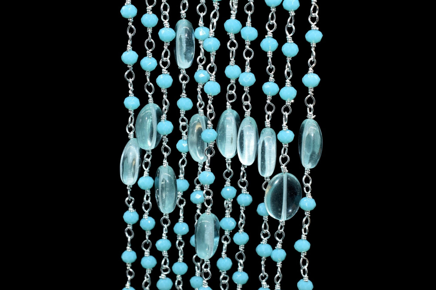 Natural Sky Topaz Smooth Oval Rosary Style Beaded Chain,Gold Plated Wire Wrapped Chain,Gemstone Linked Handmade Chain,Jewelry Making,