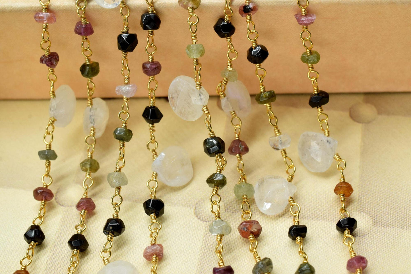 Pink Tourmaline 3mm Beaded & moonstone Heart shape Chain,Beaded Wire Wrapped Gemstone Beads,Faceted Rosary Chain,Gems Rosary Style,handmade