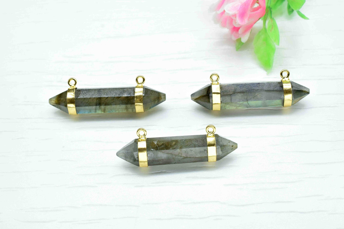 Labradorite 10x40mm Point Pendant,Double Bail Pendant with Electroplated Gold Band,Labradorite Bullet Pendant,Gemstone Double Bail Necklace