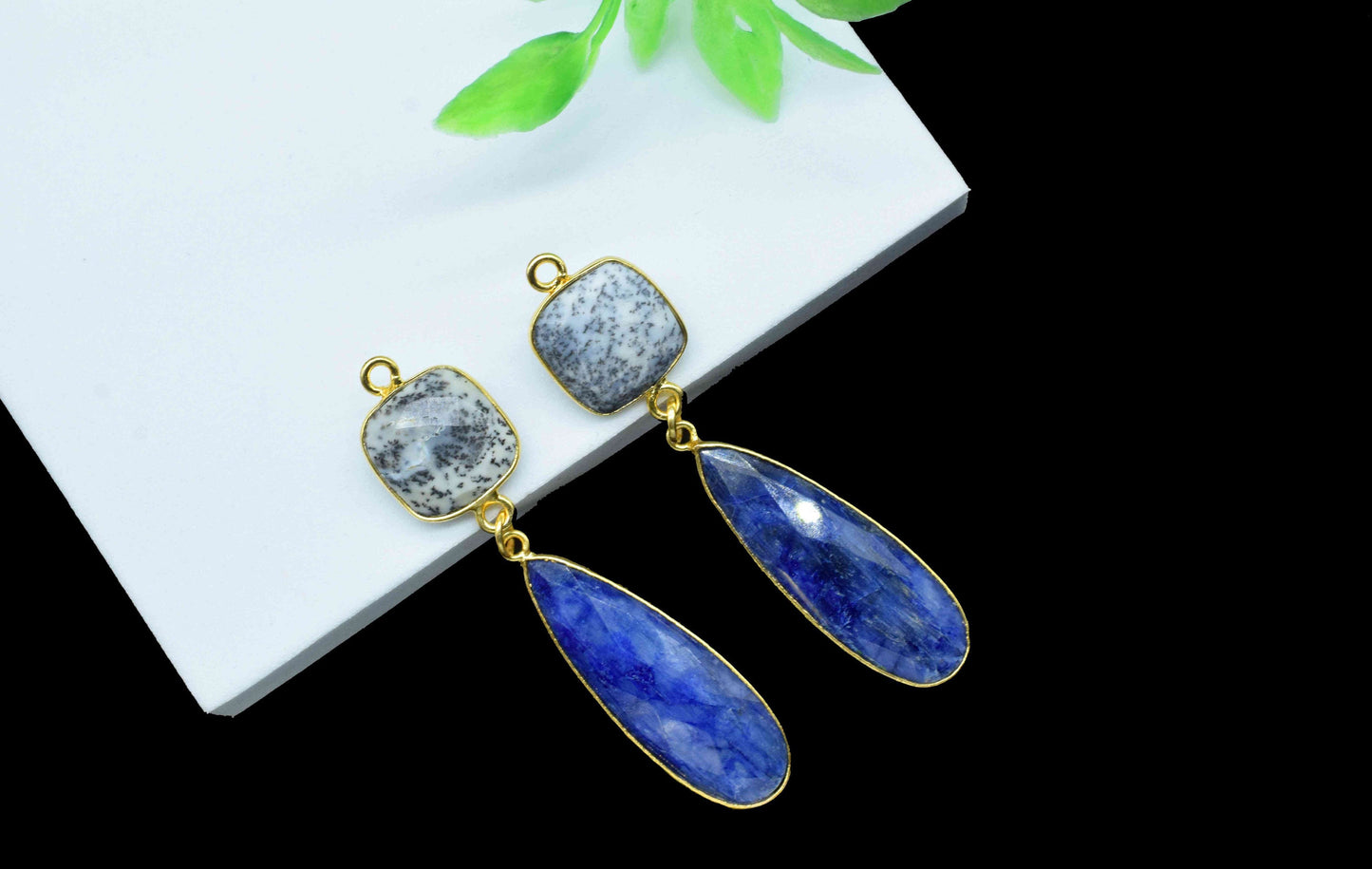 Multi Gemstone Dangle pendant Charms,Blue Sapphire pendant Connector,Dendrite Dangle Earring,Handmade pendant,Station Link,Component jewelry