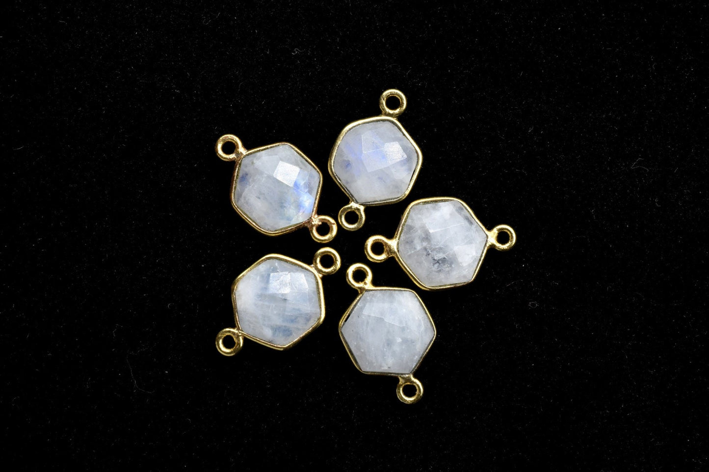 Moonstone 10mm Hexagon shape Double loop connectors,Moonstone Pendant,White Rainbow bezel link,Gemstone Hexagonal Cone Charm,Minimal Stone
