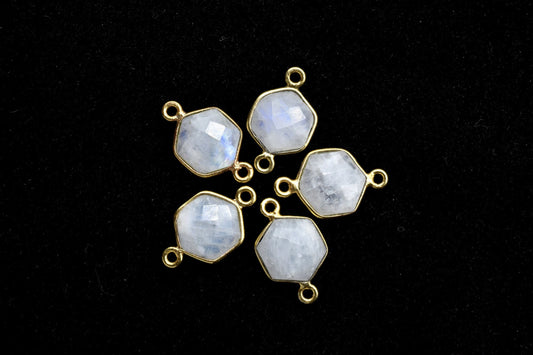 Moonstone 10mm Hexagon shape Double loop connectors,Moonstone Pendant,White Rainbow bezel link,Gemstone Hexagonal Cone Charm,Minimal Stone