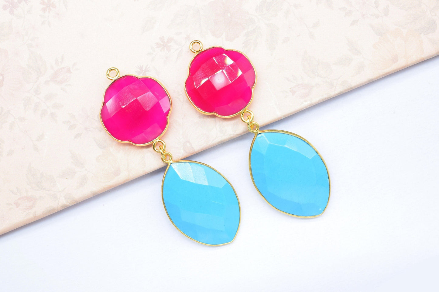 Pink Chalcedony Bezel Charms Connector/Turquoise Connector Jewelry/Earring Connector/Station Bezel Link Pendant/Handmade Jewelry/B'day Gift