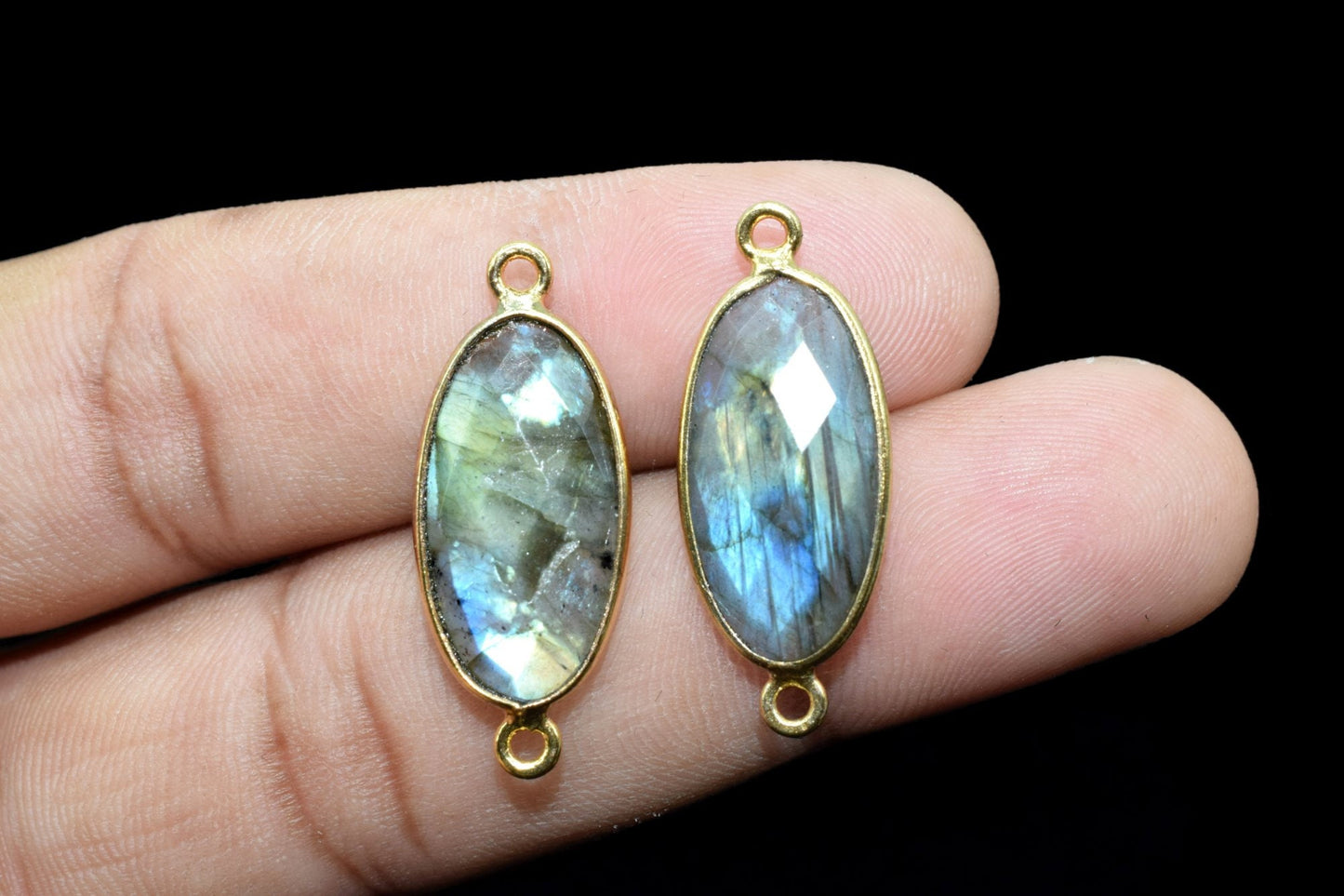 Labradorite 10x20mm Oval shape double bail connectors,Labradorite Bezel link pendant,Labradorite Gold Plated bezel,jewelry making connectors