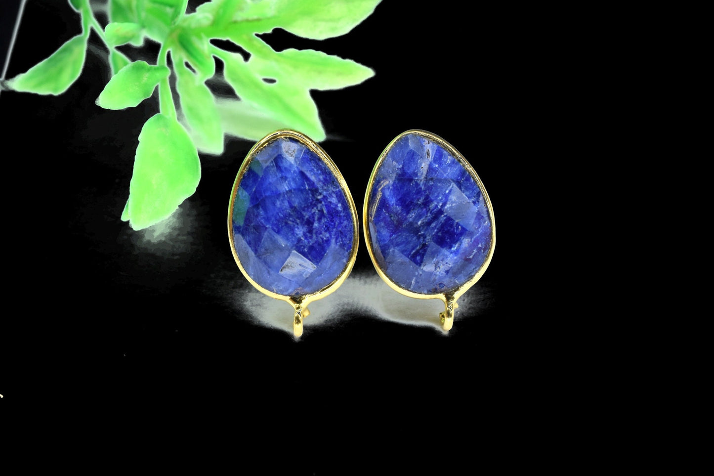 Blue Sapphire 12x16mm Teardrop Earring Connector,Jewelry Making,Sapphire Connector post stud,Gold Plated Earring Connector,Teardrop Studs