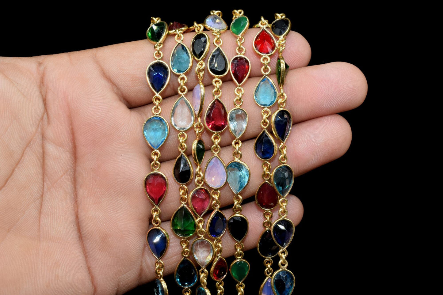 Multi Stone Faceted Bezel Link Connectors Chain, Gold Plated Chain,Pear Shape Bezel Chain,Hanging Bezel Link Chain Supply,bezel chains