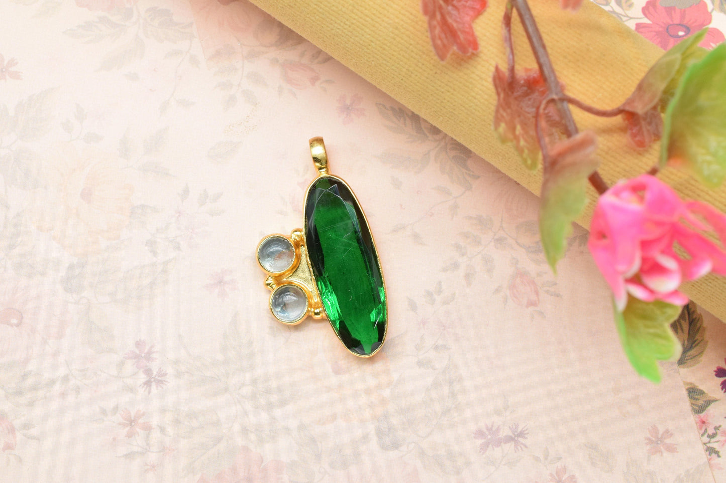 Emerald Pendant Charms,Mixed Gemstone Pendant,Statement Pendant,Handmade Craft Jewelry,Women Pendant Jewelry,Loop Pendant,Brass Pendant,Gift