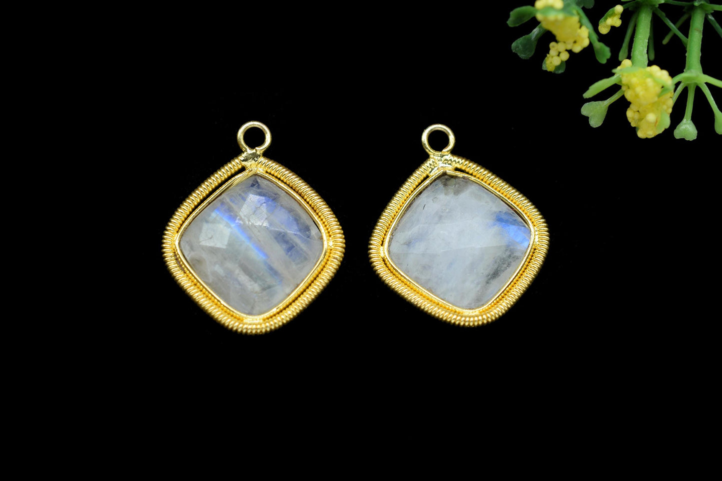 Rainbow 14mm Bezel Charms,Gemstone Cushion Bezel,Boho Pendant Charms,Single Loop Connector,Handmade Brass Charm,Component Pendant Jewelry