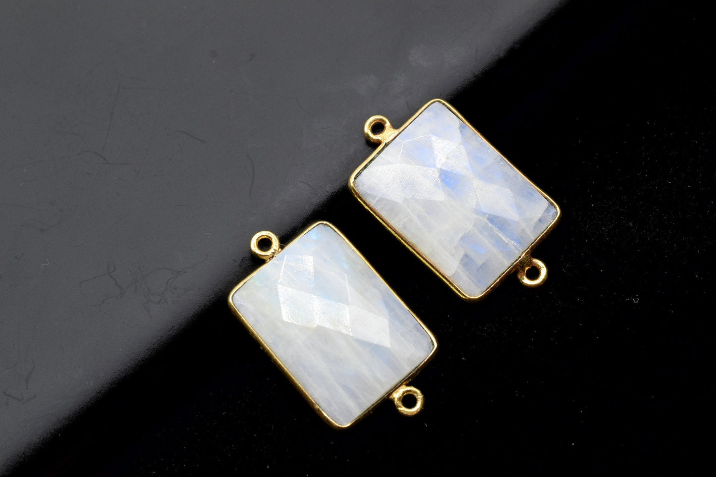 Moonstone 15x20mm Rectangle shape double bail charm,Moonstone Stone Pendant Charm,White Rainbow Double Bail Connectors,Cushion Shape charms