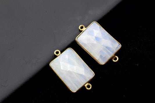 Moonstone 15x20mm Rectangle shape double bail charm,Moonstone Stone Pendant Charm,White Rainbow Double Bail Connectors,Cushion Shape charms