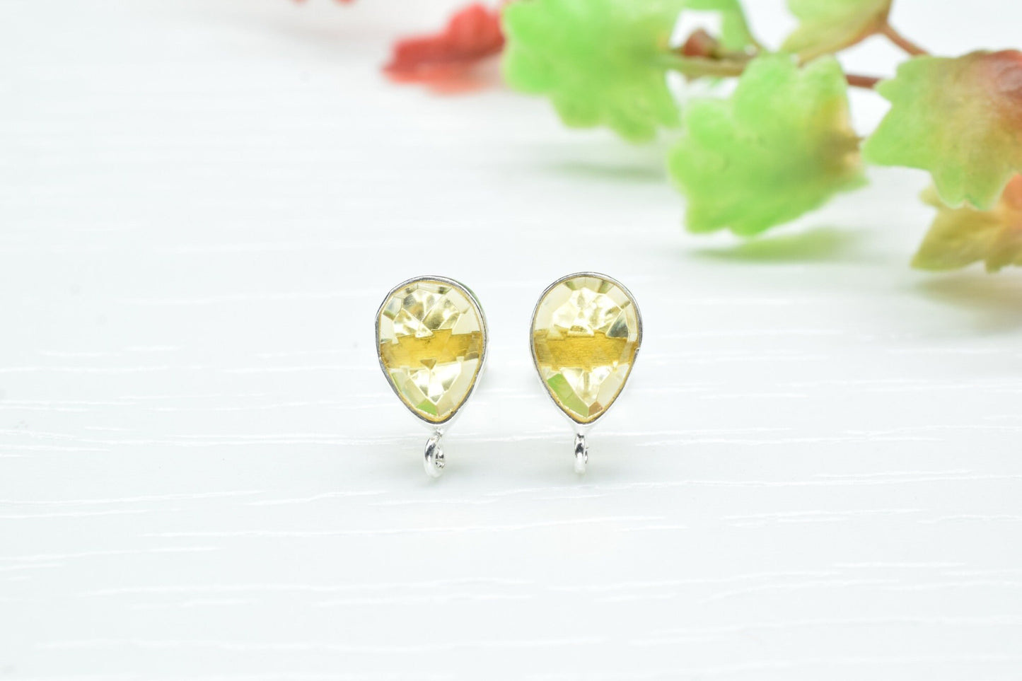 Citrine 7x10mm Teardrop shape Earring connector Stud post setting with loop open bail, Citrine Silver Plated Earring With Loop