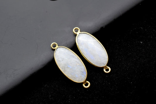 Moonstone 10x20mm Oval Shape double bail connector,Rainbow Moonstone Bezel Connector,Moonstone Heart Pendant 24k Gold Plated,Moonstone charm