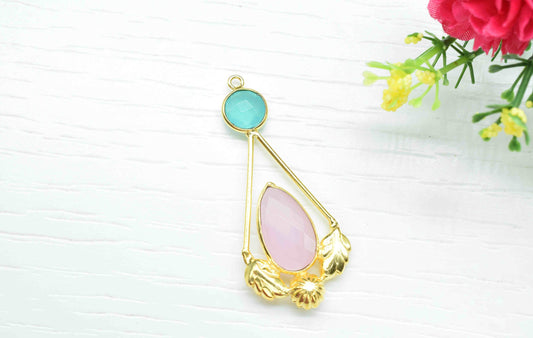 Aqua Chalcedony Gemstone Pendant ,Rose Quartz Handmade Pendant , Multi Gemstone Charms , Gold Plated Gemstone Connectors , Summer Collection
