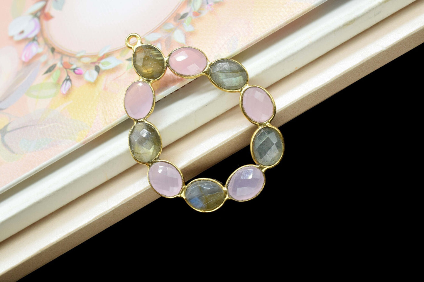 labradorite pendant,rose quartz pendant,multi gemstone connector ,gold plated pendant,single bail bezel,gemstone bezel,handmade pendant,