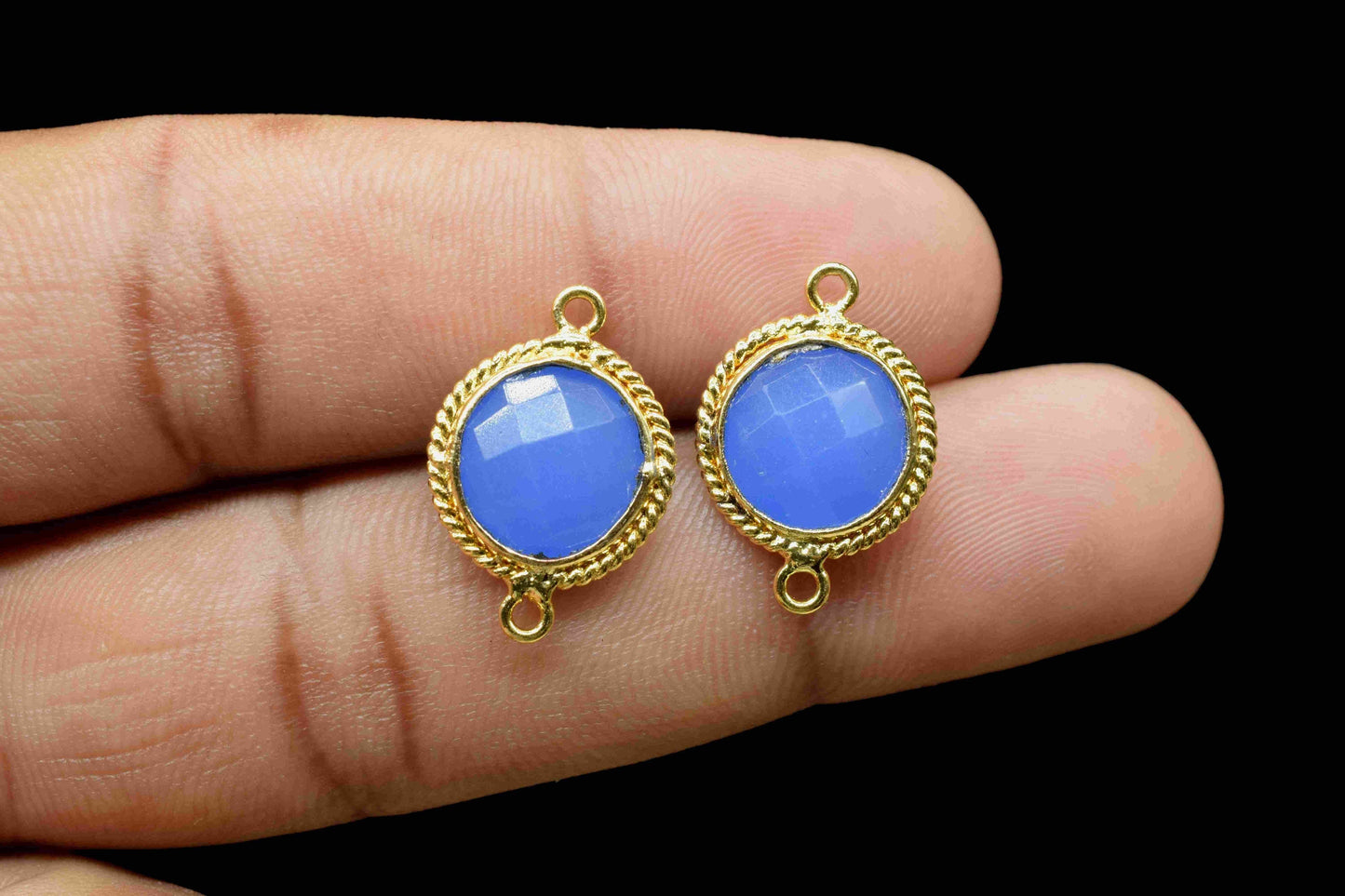 Blue Chalcedony 10mm Round Shape Double Bail Connector,Blue Chalcedony Gold Plating Gemstone Bezels Connector,Chalcedony Double Loop Charms