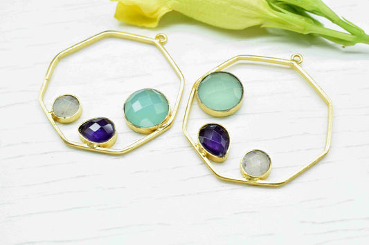 Aqua Chalcedony 10mm Round Shape Pendant,Finding 32mm Hexagon Shape Jewelry,Moonstone 6mm Round Shape Jewelry,Multi Stone Amethyst Pendant