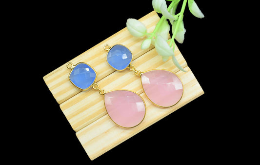 Pink Chalcedony Component pendants,Multi Gemstone Dangle Earring,Blue Quartz Connector jewelry,Dangle pendant Charms,Handmade Station Link