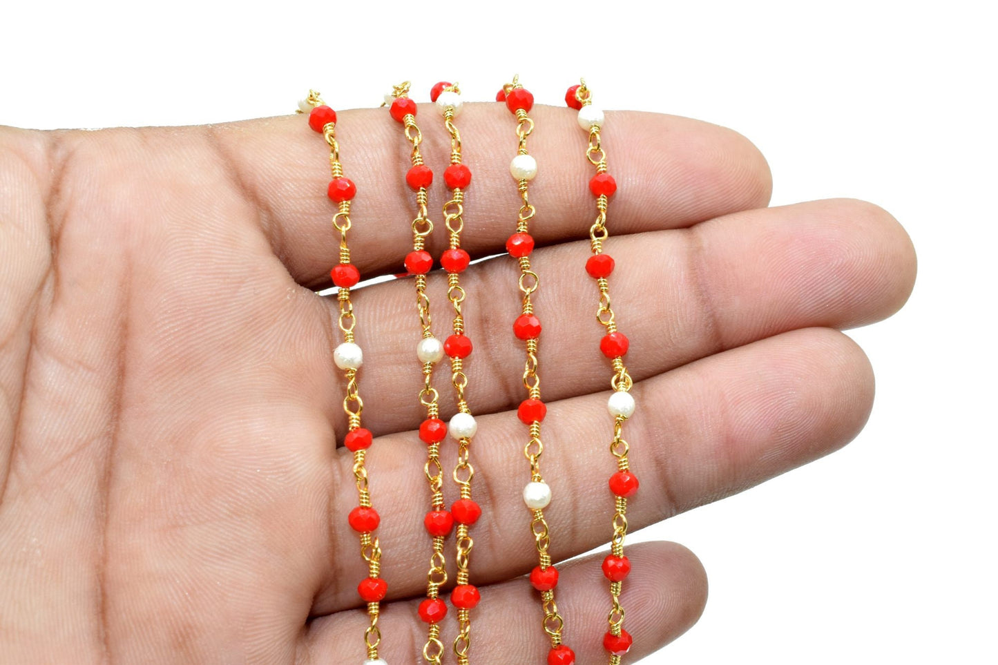 Ruby Chalcedony 3mm Beaded Chain,pearl Wire Wrapped Chain,Ruby Chalcedony Brass chain,Jewelry Making Chain,Beaded rosary chain,pearl chain