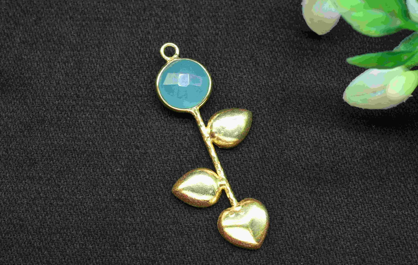 Aqua Chalcedony Round Shape Pendant , Aqua Chalcedony  Single Bail Charms , Genuine Gemstone Charms ,Gold Plated Gemstone Connectors ,Summer