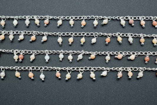 Peach Moonstone Cluster Rosary,Smooth Round Beads Rosary,Moonstone Wire Wrapped Jewelry,Dangling Rosary Chain,Jewelry Making Beaded Chain,