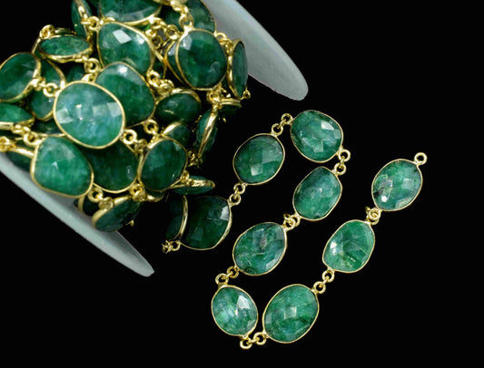 Natural Emerald Faceted Connectors,Gold Plating Bezel Chain,Irregular Shape Gemstone Bezels Chain,Handmade Bezel Link Chain,Emerald Jewelry
