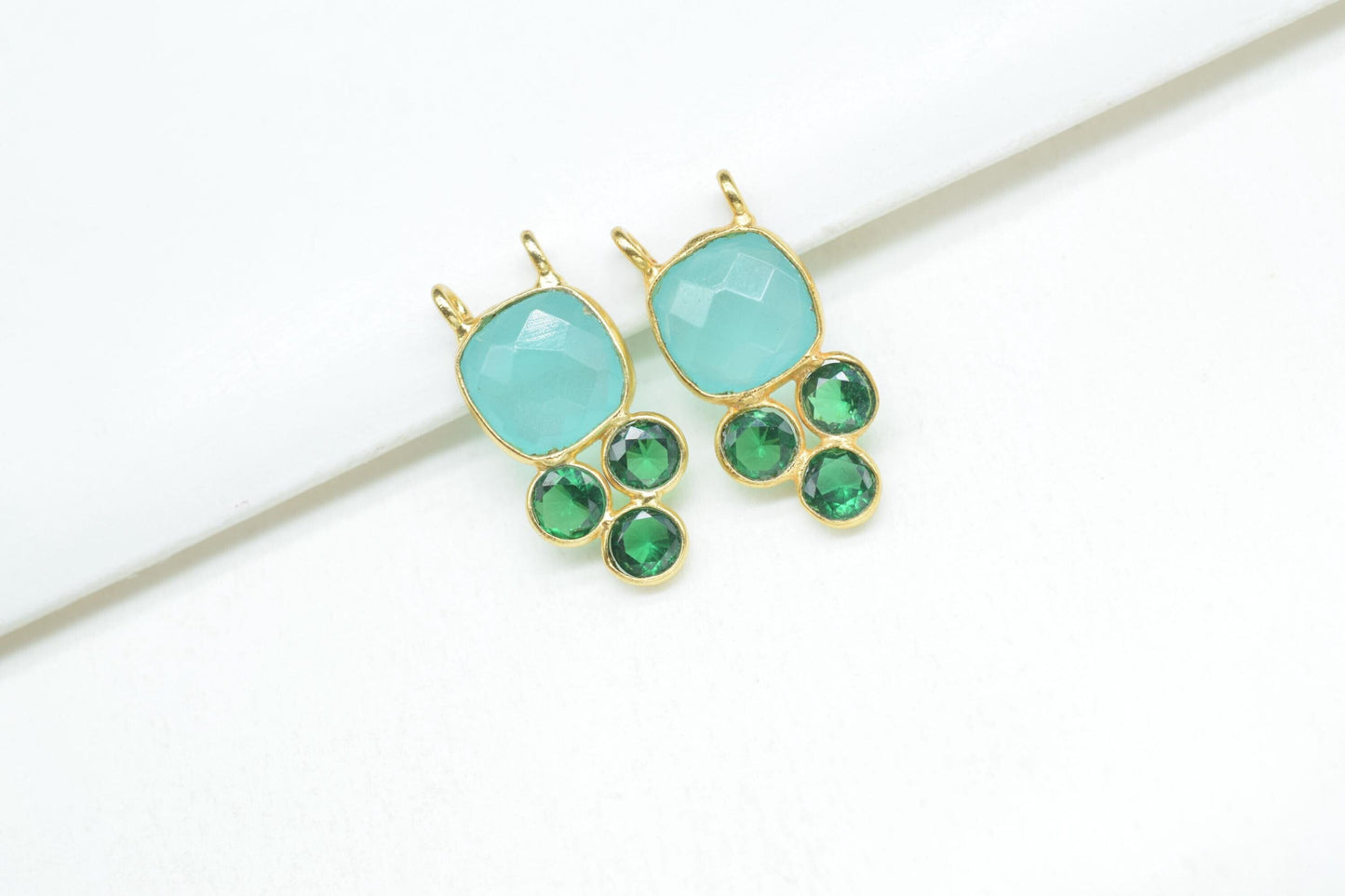 Aqua Chalcedony 8mm Cushion shape Bezel charms,Aqua Chalcedony Pendant,Aqua Gemstone connector,Aqua Jewelry,Cubic zirconia Bezel charm,p001
