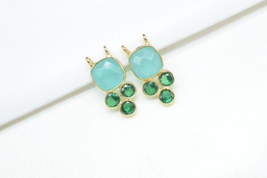 Aqua Chalcedony 8mm Cushion shape Bezel charms,Aqua Chalcedony Pendant,Aqua Gemstone connector,Aqua Jewelry,Cubic zirconia Bezel charm,p001