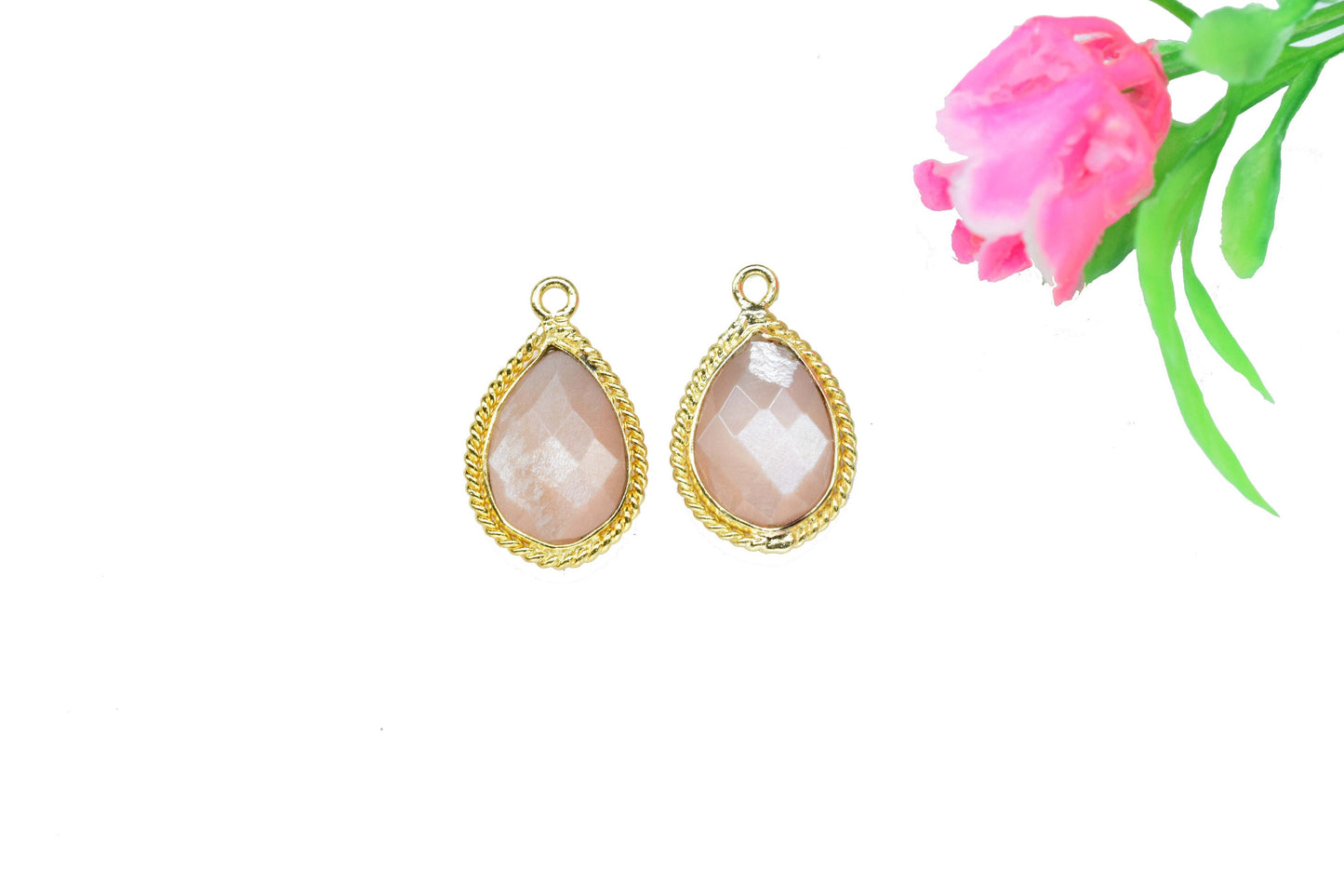 Peach Moonstone 10x14mm Teardrop Shape Charms Pendant,Peach Moonstone Single Bail PendanPeach Gemstone Gold Plated bezelt Jewelry,Gift