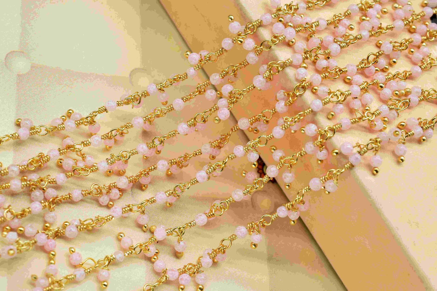 Natural Rose Quartz 2mm Round Cluster Bead Chain,Exceptional Pink Quartz Cluster Rosary,Gold Plated Wire Rosary Bead,Jewelry Making Supplies