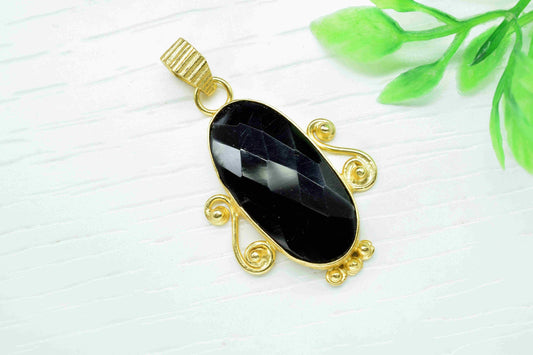Black Onyx 15x30mm Oval Shape Pendant, Black Onyx Faceted Necklace, Gemstone Pendant Jewelry, Gold Plating Jewelry, Gemstone Pendant Jewelry