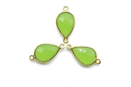 Prehnite 10x14mm Teardrop double bail connectors,Elegant Prehnite Gemstone Components Pear Shape Connectors,Prehnite Brass Gold Edge Jewelry