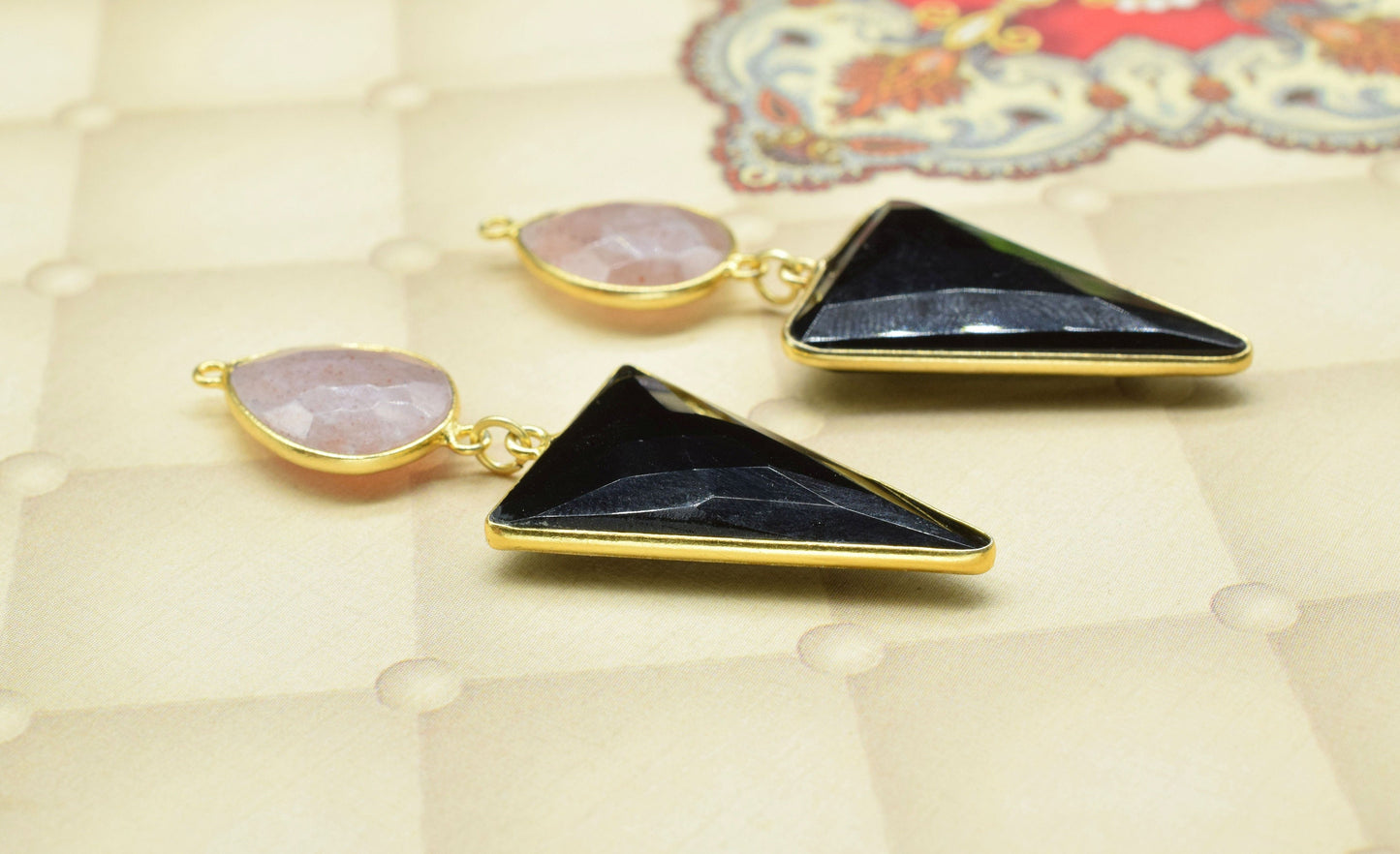 Black Onyx Dangle pendant Charms,Peach Moonstone Connectors,Handmade jewelry,Component pendant,Station Link,Multi Gemstone Dangle Earrings