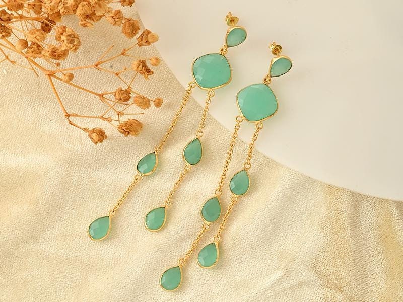 Aqua Chalcedony Dangle Earring/Gold Plated Earring/Bridal Earring/Handmade Jewelry/Emerald Wedding Earring/Gold Plated Earring/B'day Gift