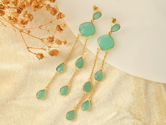 Aqua Chalcedony Dangle Earring/Gold Plated Earring/Bridal Earring/Handmade Jewelry/Emerald Wedding Earring/Gold Plated Earring/B'day Gift