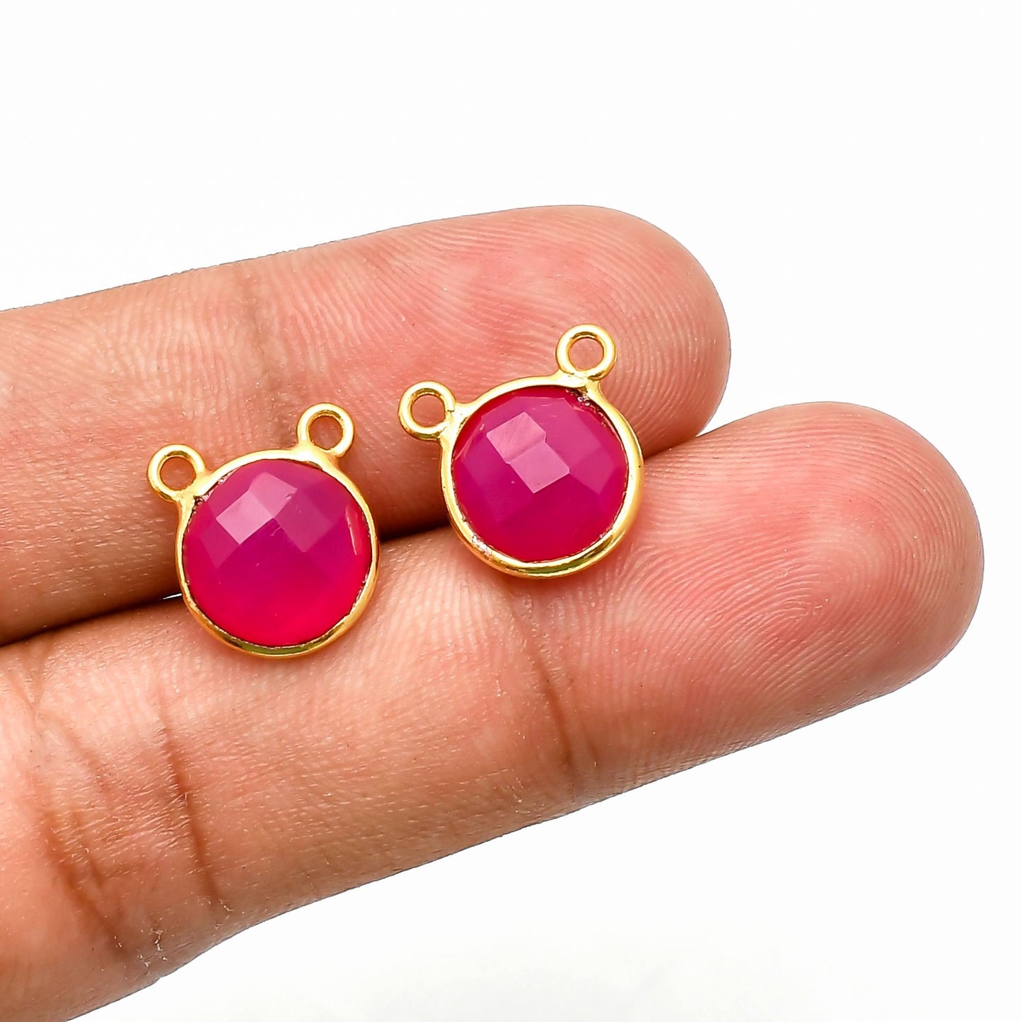 Pink chalcedony 10mm Round Bezel double connector,Chalcedony Gold Plated bezel,chalcedony Bezel,Gold Vermeil Bezel,jewelry Gold-Filled bezel