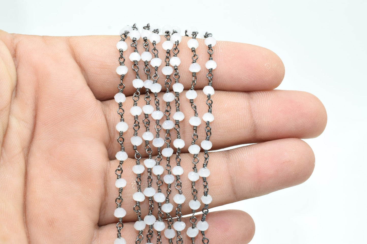 Aqua Chalcedony 3mm Beaded Chain,Aqua Chalcedony Rosary,Black rhodium Wire Wrap Chain,Aqua Chalcedony Brass chain,jewelry making chains,gift