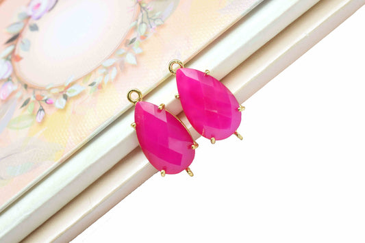Hot Pink chalcedony Bezel Connectors,Prong Set Bezel,Handmade Gemstone Bezel,Hot Pink Quartz jewelry making charm,Fuchsia Pink Chalcedony
