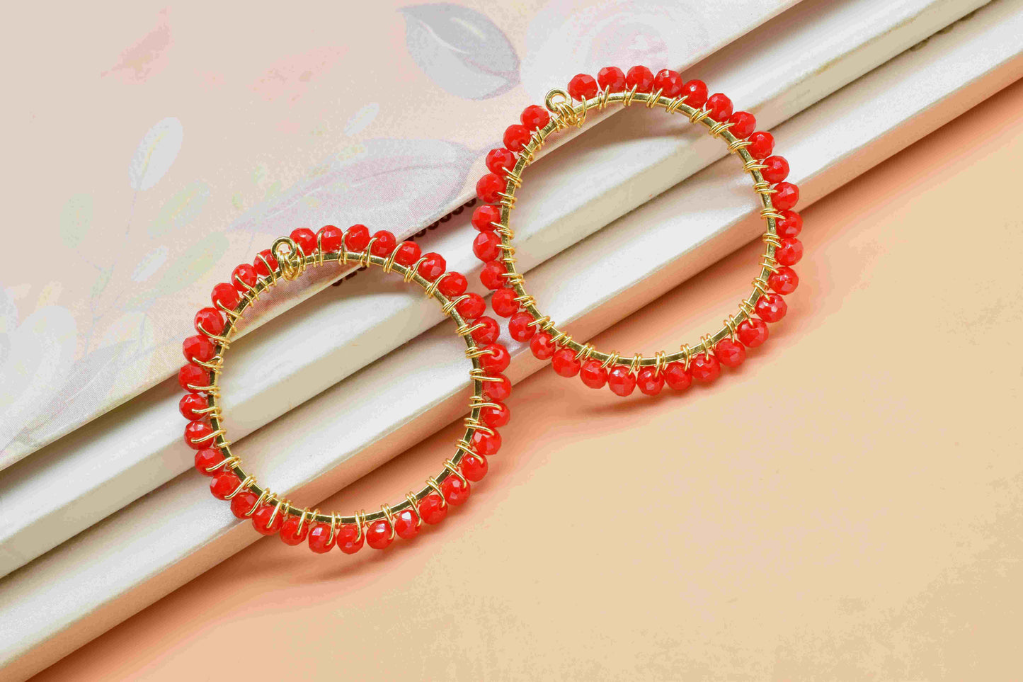 Red Coral Wire Wrapped Dangle Connectors,Circle Pendant Component,Handmade Earrings,Beaded Hoops Earring,Finding Component Red Coral Jewelry