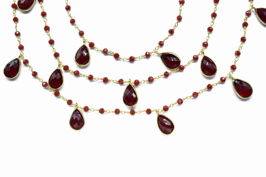 Garnet Gemstone 8x12mm Teardrop Shape Bezel Chain,Ruby Quartz 3mm Beads Chain,Garnet Connector Link Chain,Garnet Connector Chain For Jewelry