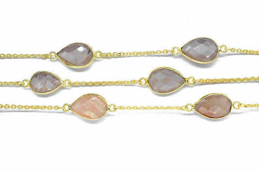 Peach Moonstone 8x12mm Pear Shape Bezel Chain,Peach Moonstone Faceted Chain,Handmade Bezel Link,Peach Moonstone Jewelry,Jewelry Making Chain