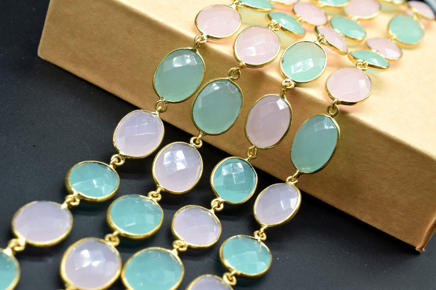 Aqua Chalcedony & Pink chacledony oval Connector Chain,Chalcedony Gold Bezel Connector Chain,Gemstone Gold Plated Rosary Chain,Bezel chains