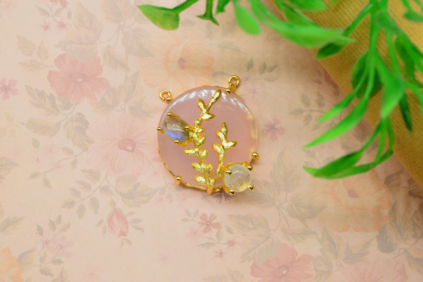 Rose Quartz Leaf Pendant Charm,Gemstone Statement Pendant,Women Pendant Jewelry,Multi Stone Pendant,Prong Set Pendant,Handmade Loop Pendant