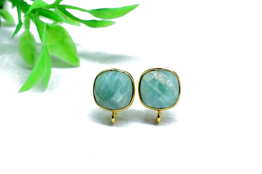 Amazonite Earring Connector,Gemstone Stud Ear Post,Cushion Earring Connector,Bezel frame Connector,Gemstone Bezel Connector,Amazonite Bezel